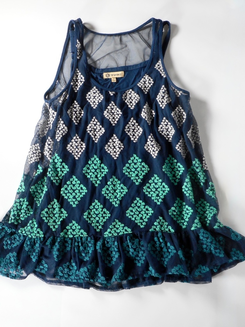 Democracy Navy Blue Green Mesh Embroidery Sz S XS Tank Tunic Top Lined Ruffle